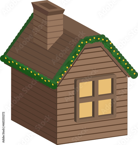 3d Wooden house icon, Christmas Market Stalls. Outdoor festival stand. photo