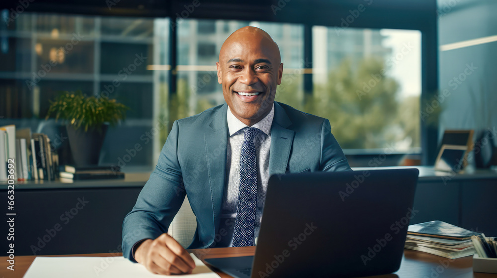 Smiling black business man in office with laptop
