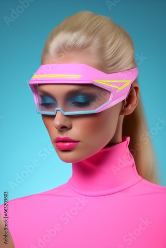 A stunning winter portrait of a fashion girl, donning pink ski goggles and a mask while wearing bold lipstick and stylish pink sunglasses, exuding confidence and style with every turn down the slopes
