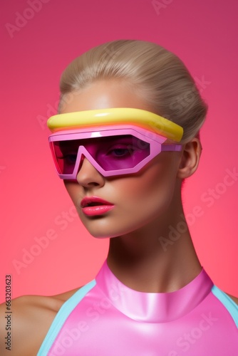 A vibrant winter fashion statement, this woman exudes beauty and confidence as she rocks pink and yellow sunglasses, accessorized with ski mask and goggles, showcasing her bold eyewear