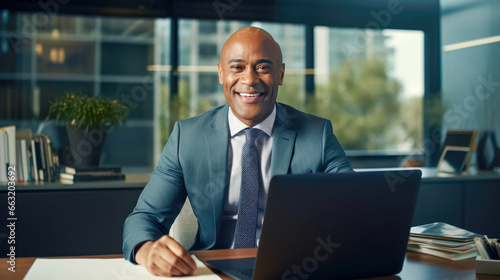 Smiling black business man in office with laptop