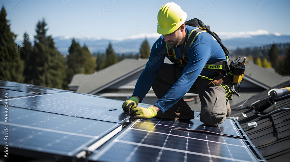 worker installing solar panel on the roof of a house worker installing solar panel on the roof of a house