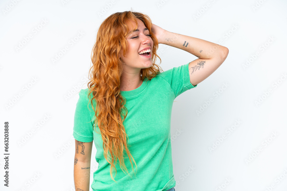 Young caucasian woman isolated on white background smiling a lot Young caucasian woman isolated on white background smiling a lot