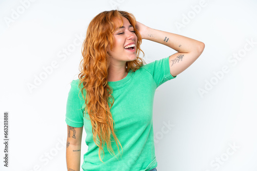 Young caucasian woman isolated on white background smiling a lot
