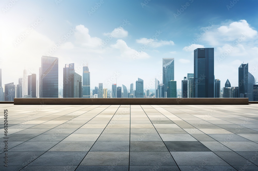 View of empty square floor and city skyline with building background. Generative AI View of empty square floor and city skyline with building background. Generative AI