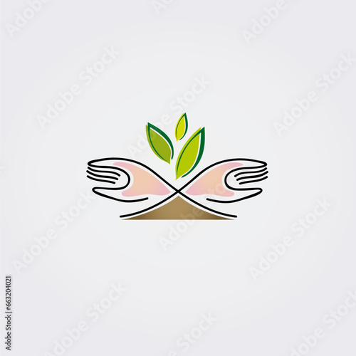 2 Mains Icône Symbole Logo Vert Affaires Feuilles Feuillage Sol Croissance Élément