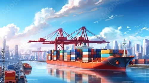 Container ship carrying container boxes import export dock with quay crane. Business commercial trade global cargo freight shipping logistic and transportation worldwide oversea concept.