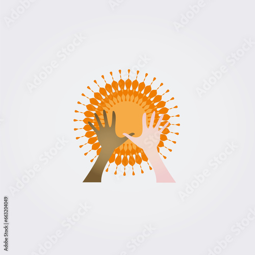 Spiritualité Icônes Méditation 2 Mains Vers le Ciel Soleil Lumière Logo Symbole Élément vectoriel