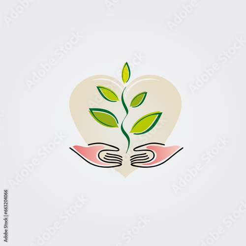 2 Mains Icône Symbole Logo Vert Affaires Feuilles Feuillage Sol Croissance Élément
