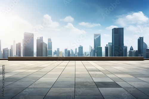 View of empty square floor and city skyline with building background. Generative AI