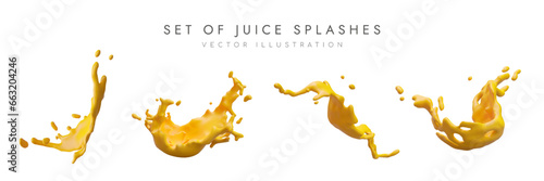 Set of realistic juice splashes. Orange juice in air, drops and stream. Juicy drink. Vector color illustration for web advertising. Natural ingredient