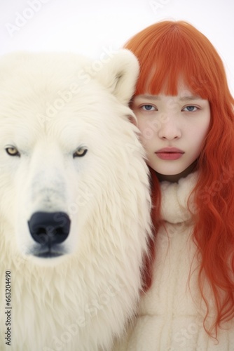A striking young woman with fiery red hair exudes a powerful and alluring aura as she stands confidently next to a majestic white polar bear, their furs blending seamlessly in the wintery landscape © Glittering Humanity