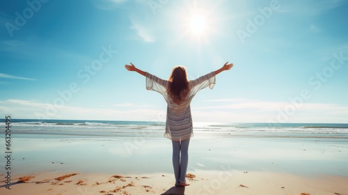 Back view of woman open arm at the beach 