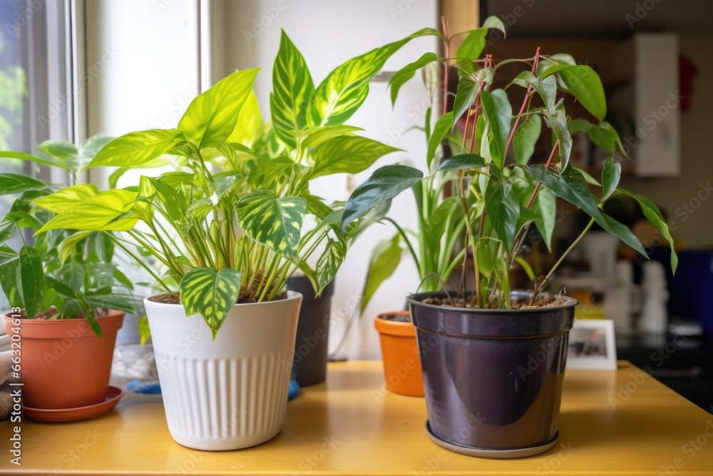 two adjacent house plants, one wilted, one thriving two adjacent house plants, one wilted, one thriving