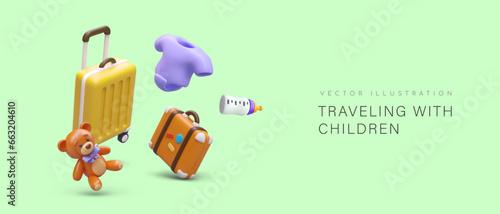 Packing suitcase for traveling with newborn baby. 3d realistic trolley bag, cute toy, clothes for kid and baby bottle on green background. Vector illustration with place for text