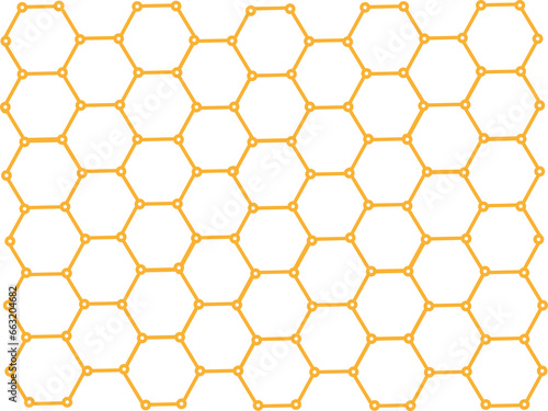 Hexagones en forme de nid d'abeille de couleur or, reliés l'un à l'autre par un rond de même couleur 
