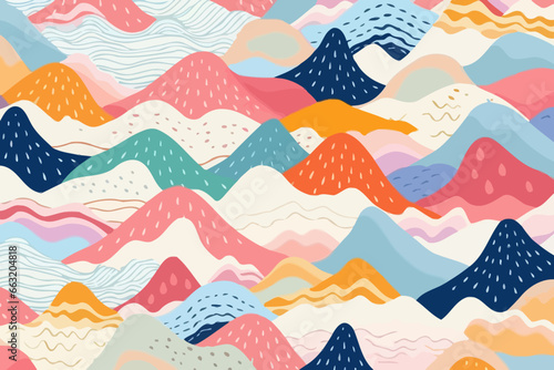 Mountains and hills quirky doodle pattern, wallpaper, background, cartoon, vector, whimsical Illustration