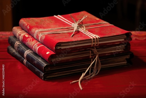 leather-bound kojiki ancient japanese scriptures on a red cloth photo