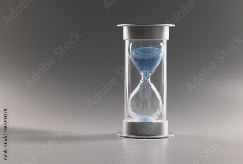 Close-up of measure passing time, countdown, blue sand running through bulbs of hourglass. Urgency, running out of time, transience, hurry up, late concept photo