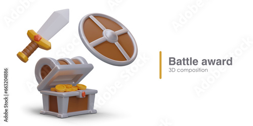 Combat award concept. 3D sword, round shield, chest with gold coins. Victory in battle. Vector composition on white background. Game illustration in cartoon style