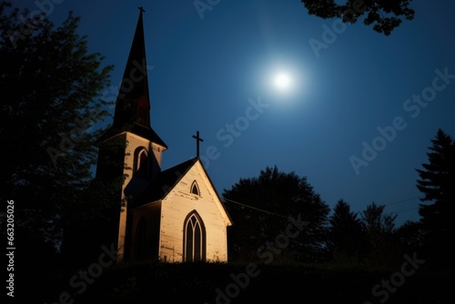 spooky old church with full moon behind it