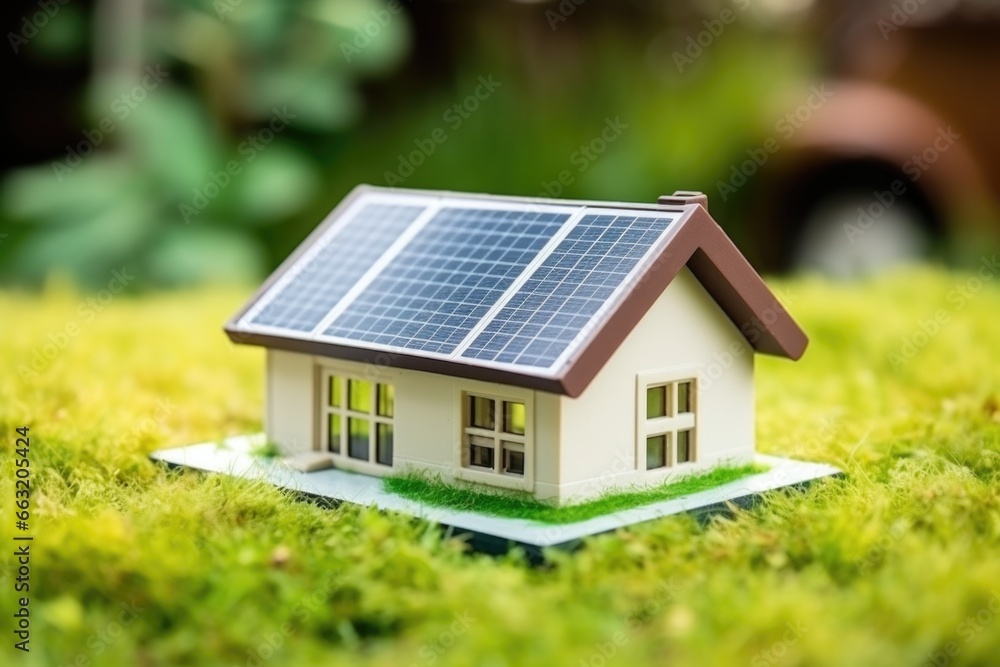 house model and solar panel on grass house model and solar panel on grass