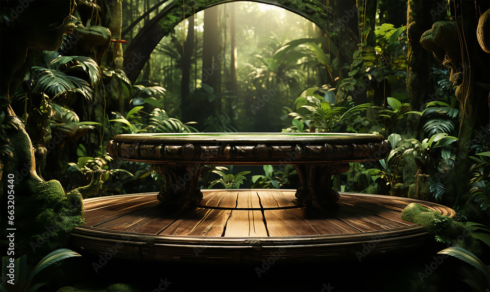 empty wooden podium stands prominently in the heart of a dense tropical forest