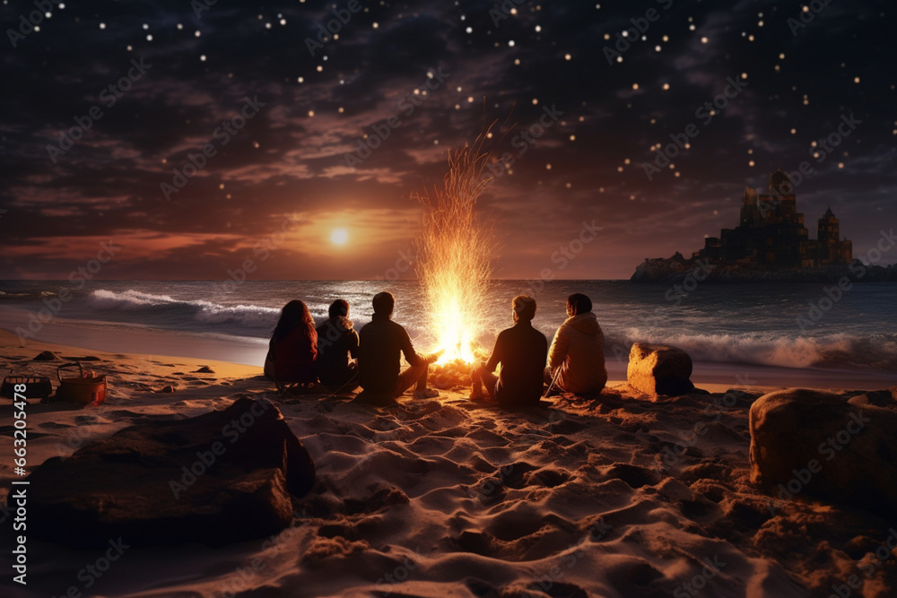 man and his friends organized a New Year's bonfire on the beach, watching the fireworks for celebrate new year. - obrazy, fototapety, plakaty 