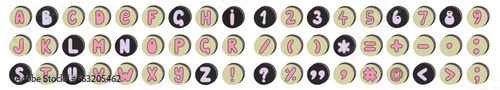 Ransom note alphabet, numbers, and symbols. Set of letters in circles. Vector.