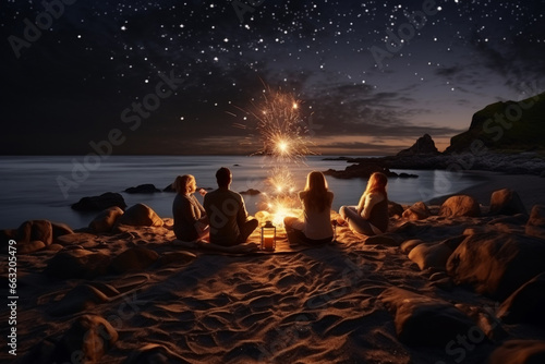 man and his friends organized a New Year's bonfire on the beach, watching the fireworks for celebrate new year.