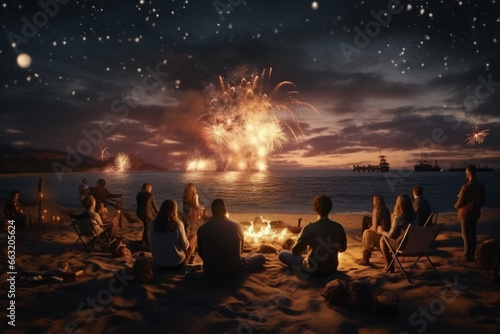 man and his friends organized a New Year s bonfire on the beach  watching the fireworks for celebrate new year.