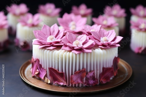 an iced cake with frosting in the shape of flowers