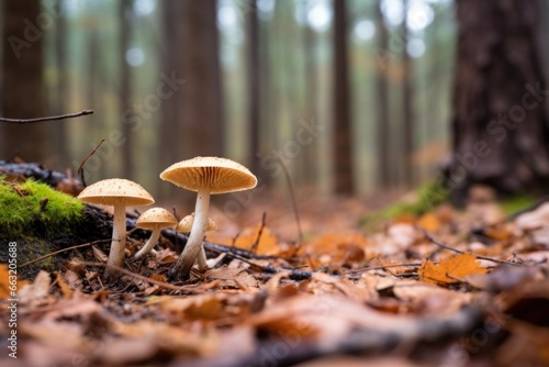 group of mushrooms on a forest floor versus a lone mushroom