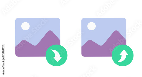 Photo image file upload icon vector, picture share download button graphic flat cartoon, illustration import export ui element clipart