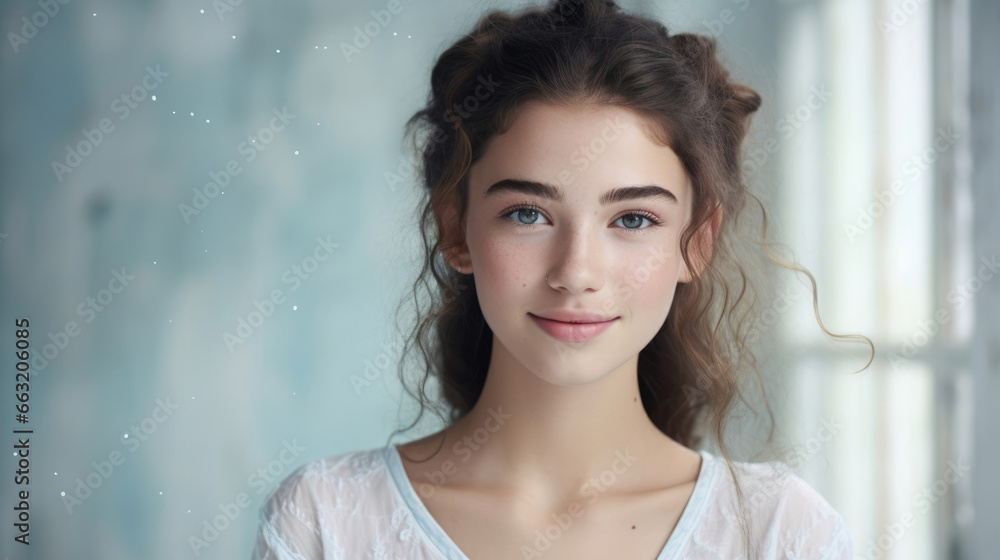 Fototapeta premium Headshot of a teenager with acne-prone skin, embracing self-confidence and inner beauty