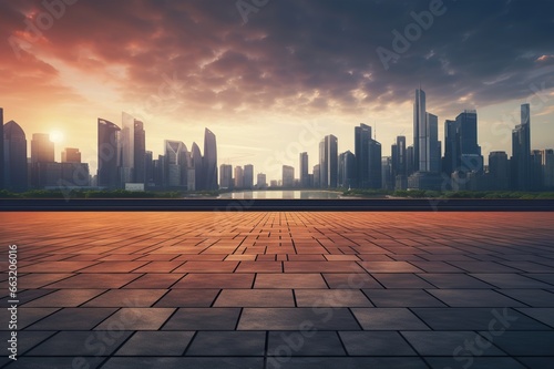 View of empty square floor and city skyline with building background. Generative AI