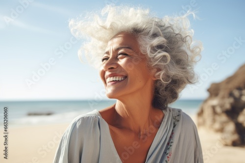 casual relax carefree freedom old senior female woman happiness feeling while travel walking on the sand beach oceasn side healthy ideas concept