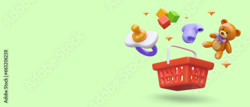 Poster with 3d products for newborn baby. Plastic pacifier, purple bodysuit, educational toy and teddy bear. Online web shopping. Vector illustration with green background