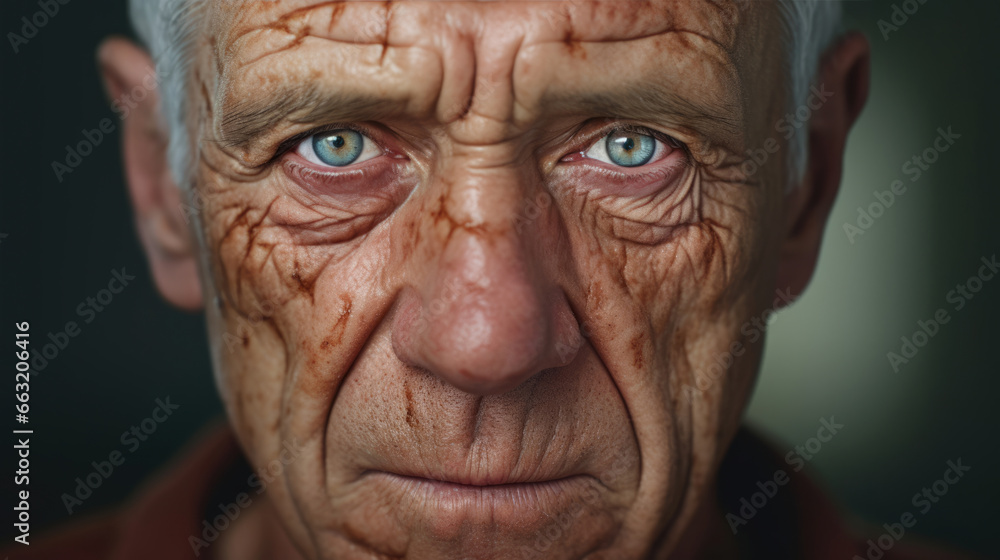 Close-up headshot of an older man with weathered skin, reflecting a lifetime of experiences Close-up headshot of an older man with weathered skin, reflecting a lifetime of experiences