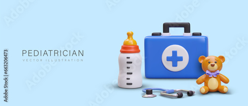 Concept of pediatrics. Advertisement of services of children doctor. Template with 3D stethoscope, toy bear, first aid kit, bottle of infant formula. Child health care