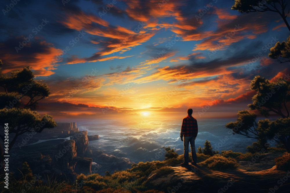 Obraz premium man enthusiastically photographed the vibrant colors of a sunset.