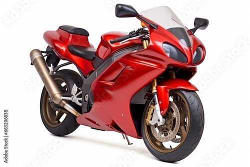Red sports motorcycle isolated on white background. Perspective view. Front side. High angle view. Right side. Generative AI