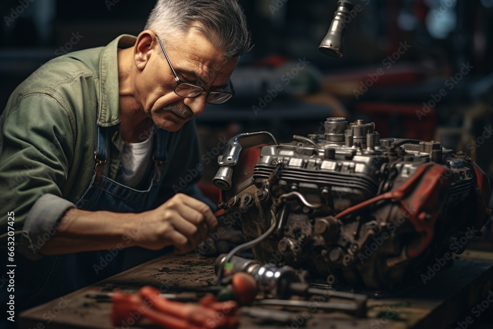 man He skillfully repaired the engine of his vintage car in the garage. man He skillfully repaired the engine of his vintage car in the garage.