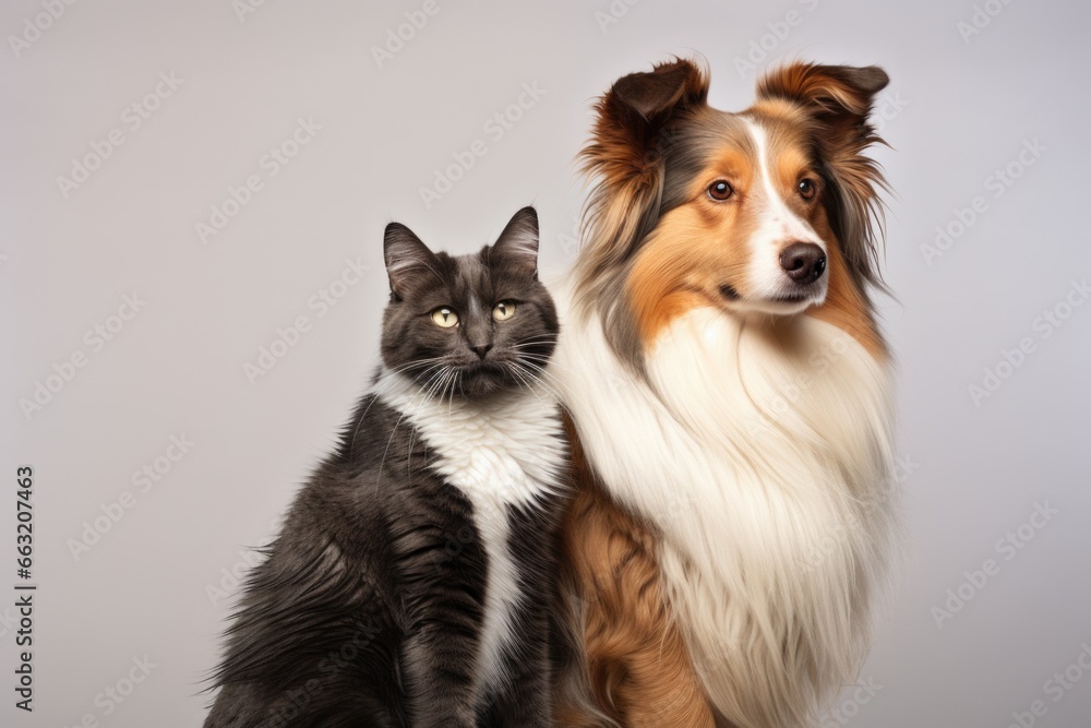 a cat and a dog sitting back to back