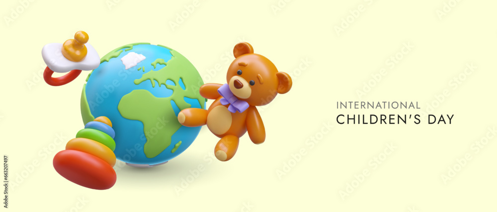 International Children Day. 3D globe, pyramid, pacifier, toy bear. Protection and care of children. Color horizontal poster, place for text. Festive vector banner International Children Day. 3D globe, pyramid, pacifier, toy bear. Protection and care of children. Color horizontal poster, place for text. Festive vector banner
