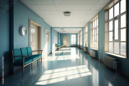 A space for waiting on a blue corridor with ample natural light from large windows in a medical facility. Generative AI