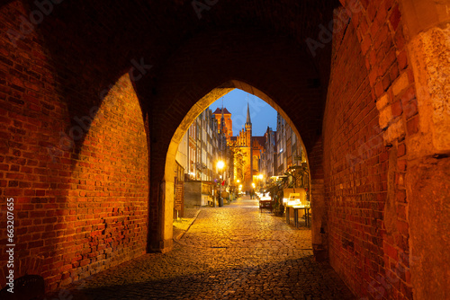 2022-12-02 evening view st. Marys church and Mariacka street in the old town center of Gdansk, Poland photo