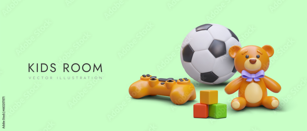 Poster with 3d realistic ball for football game, game pad, educational game with cubes and teddy bear. Kids room concept. Vector illustration with place for text and green background Poster with 3d realistic ball for football game, game pad, educational game with cubes and teddy bear. Kids room concept. Vector illustration with place for text and green background
