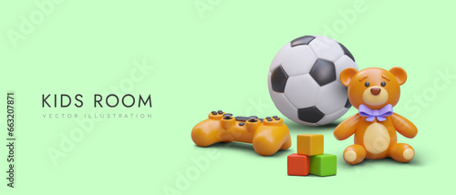 Poster with 3d realistic ball for football game, game pad, educational game with cubes and teddy bear. Kids room concept. Vector illustration with place for text and green background