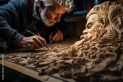 man joyfully carved intricate designs into a piece of wood. photo